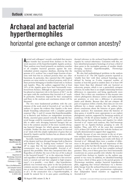 Archaeal and Bacterial Hyperthermophiles Archaeal and Bacterial Hyperthermophiles Horizontal Gene Exchange Or Common Ancestry?