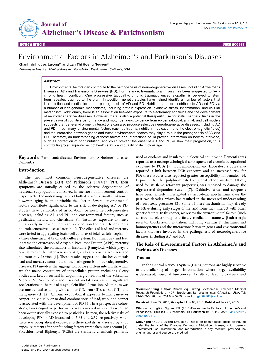 Environmental Factors in Alzheimer's and Parkinson's Diseases