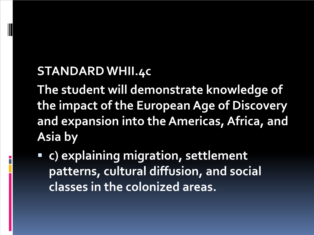 STANDARD WHII.4C the Student Will Demonstrate Knowledge of the Impact of the European Age of Discovery and Expansion Into the Americas, Africa, and Asia By