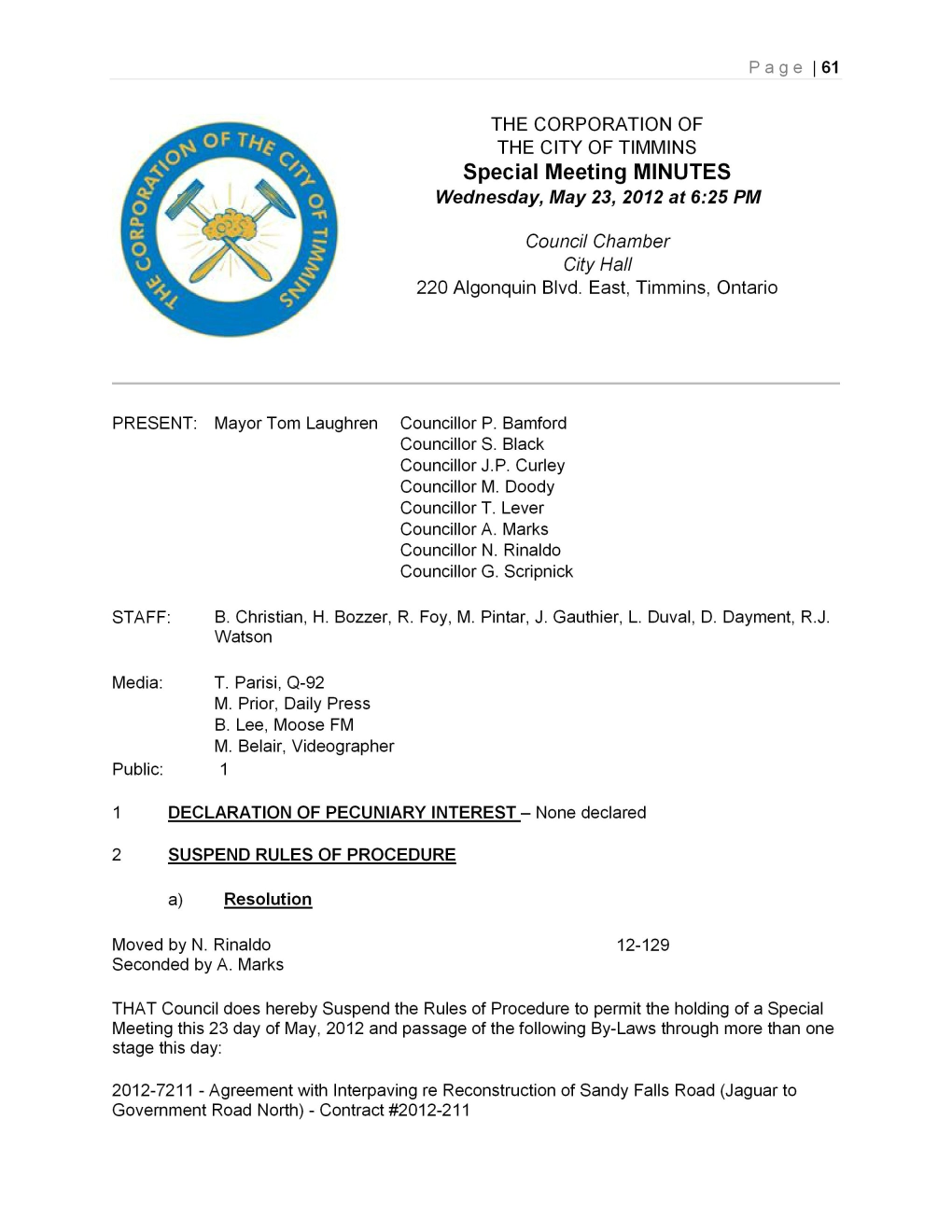 Special Meeting MINUTES Wednesday May 23 2012 at 625 PM