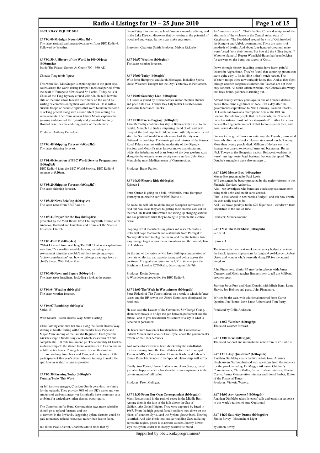 Radio 4 Listings for 19 – 25 June 2010 Page 1 of 15 SATURDAY 19 JUNE 2010 Diversifying Into Tourism, Upland Farmers Can Make a Living, and an 