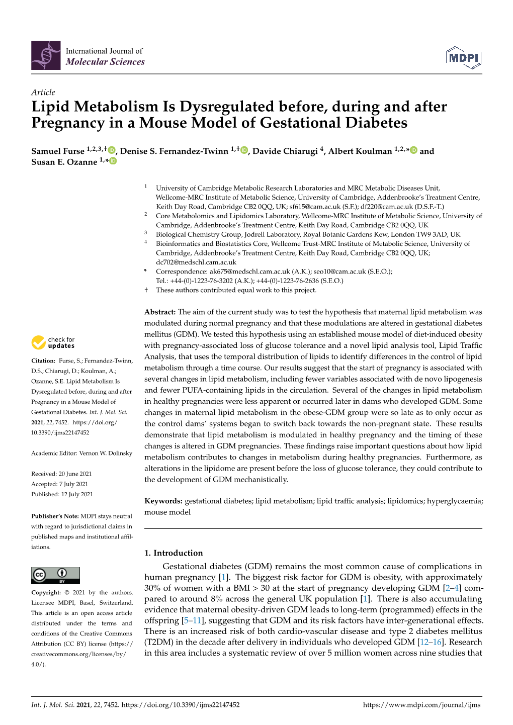 Lipid Metabolism Is Dysregulated Before, During and After Pregnancy in a Mouse Model of Gestational Diabetes