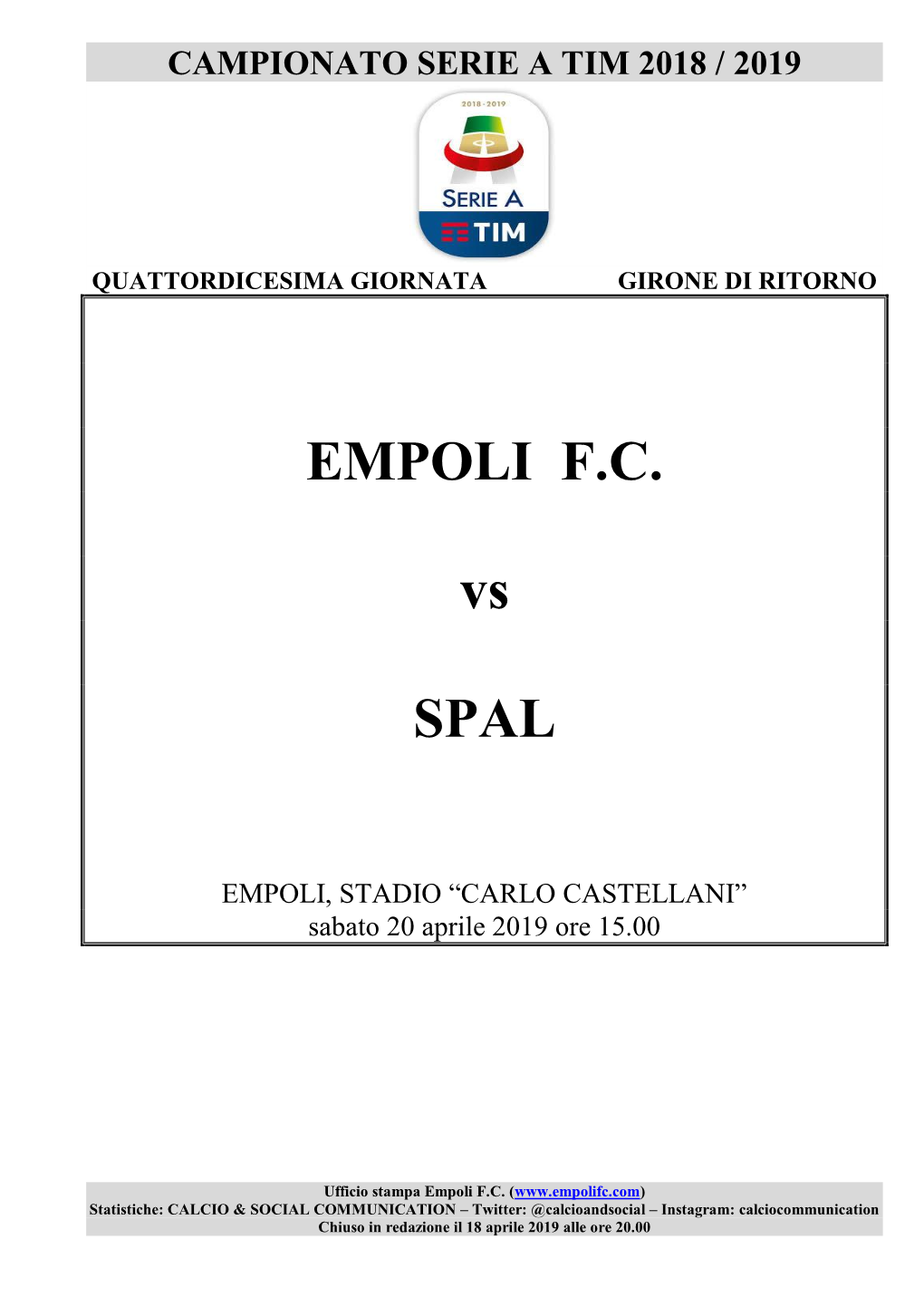 EMPOLI F.C. Vs SPAL