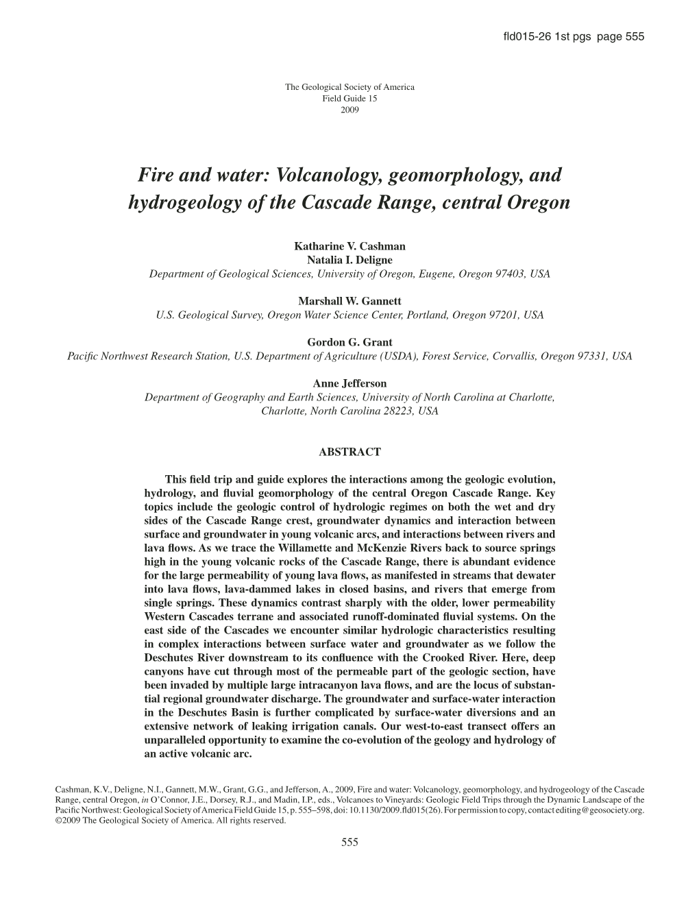 Volcanology, Geomorphology, and Hydrogeology of the Cascade Range, Central Oregon