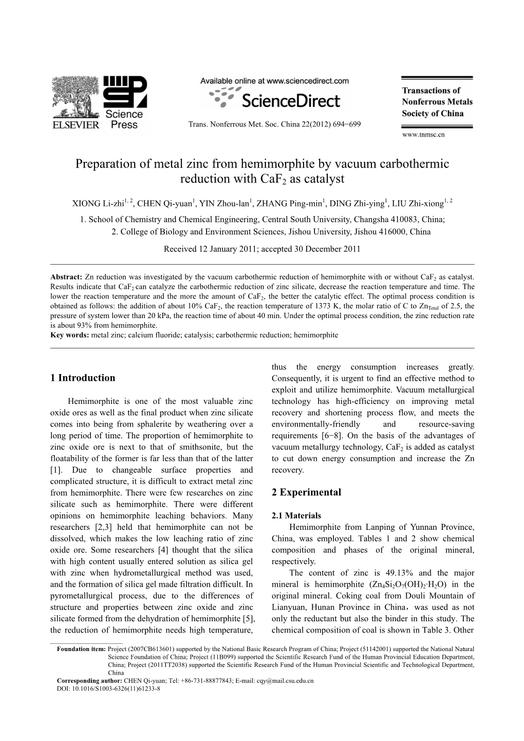 Preparation of Metal Zinc from Hemimorphite by Vacuum Carbothermic Reduction with Caf2 As Catalyst