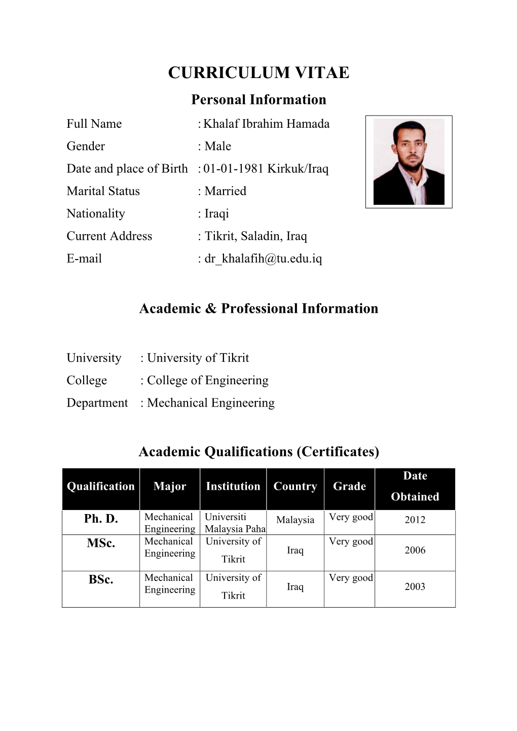 CURRICULUM VITAE Personal Information