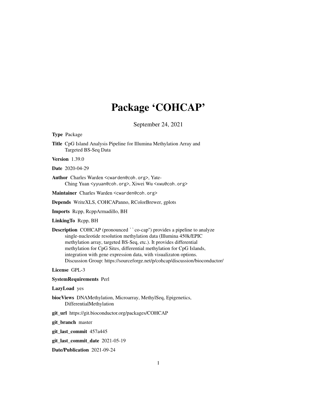 COHCAP: Cpg Island Analysis Pipeline for Illumina Methylation