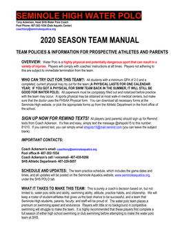 Seminole High Water Polo 2020 Season Team Manual