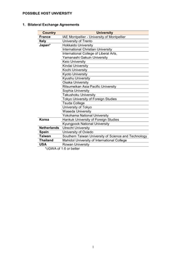 POSSIBLE HOST UNVIERSITY 1 1. Bilateral Exchange Agreements