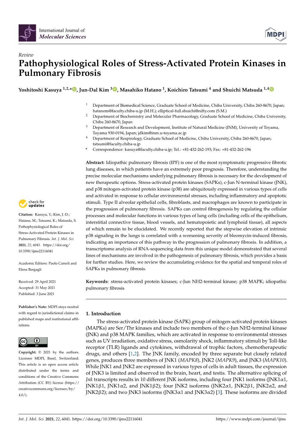 Pathophysiological Roles of Stress-Activated Protein Kinases in Pulmonary Fibrosis