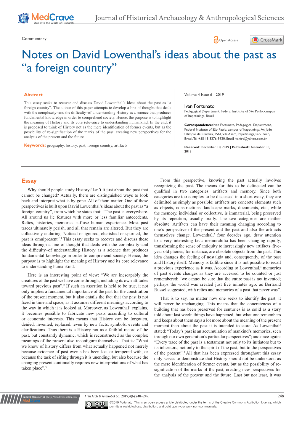Notes on David Lowenthal's Ideas About the Past As “A Foreign Country”