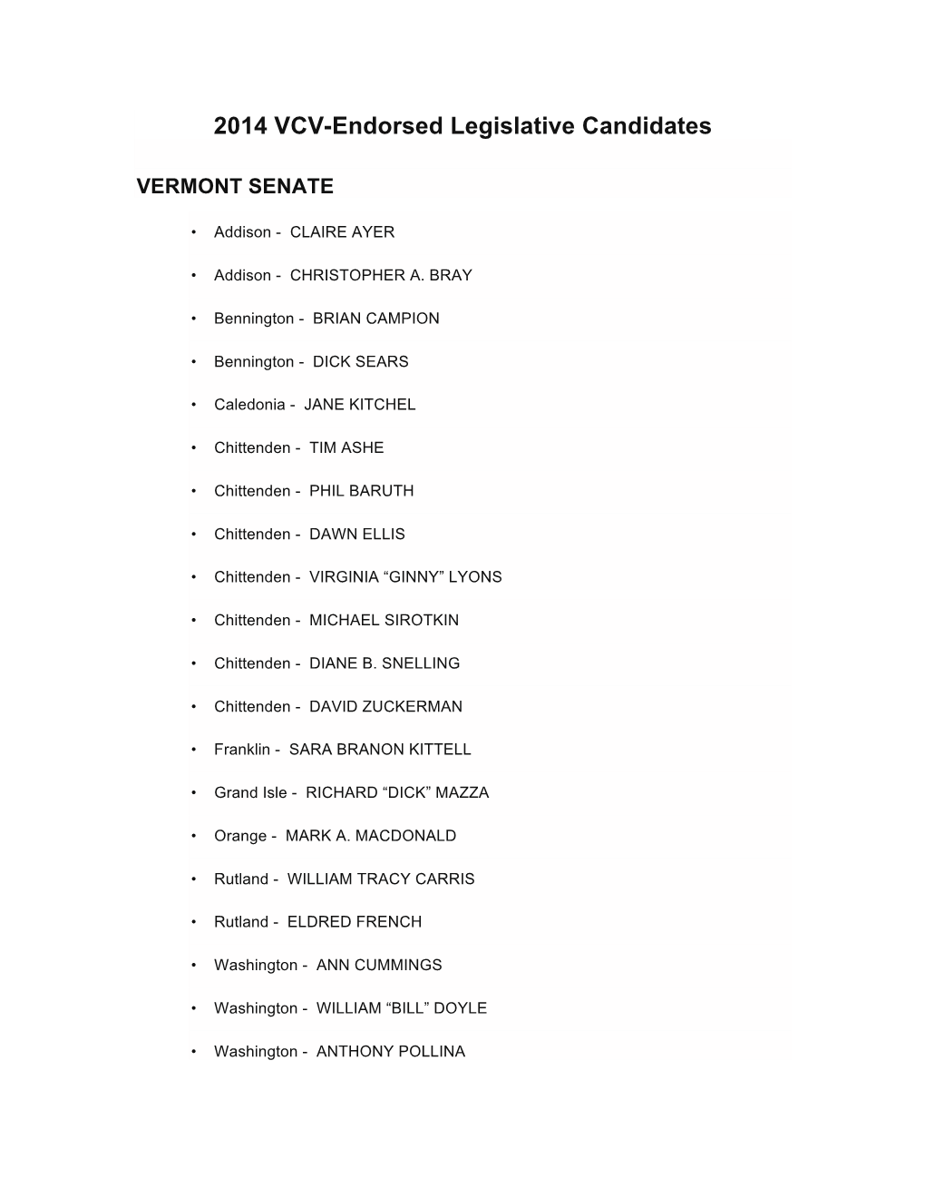 2014 VCV-Endorsed Legislative Candidates