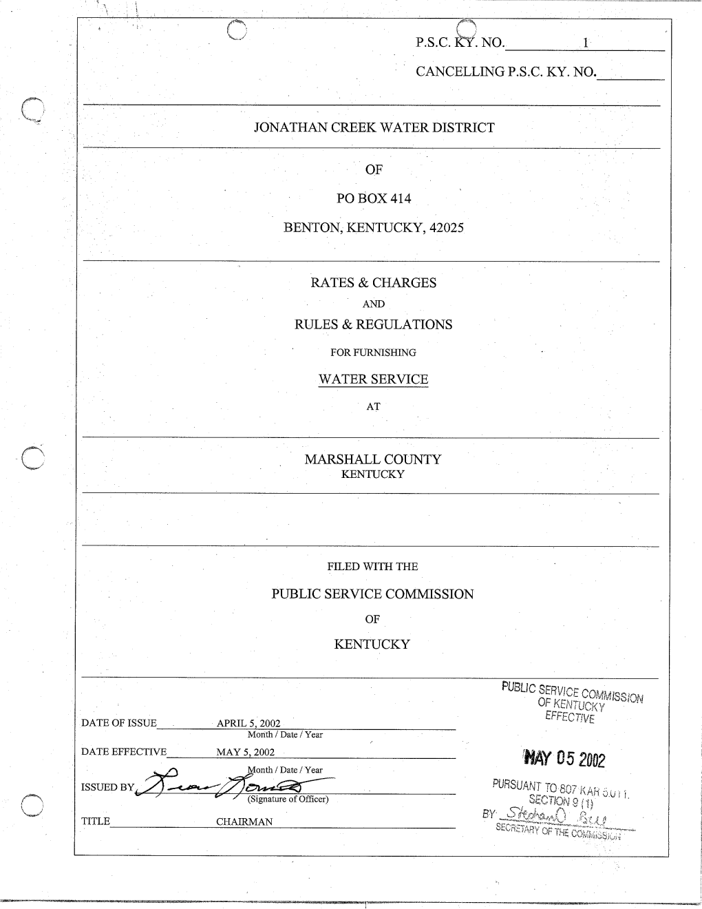 F. NO. 1 CANCELLING PSC KY. NO. JONATHAN CREEK WATER