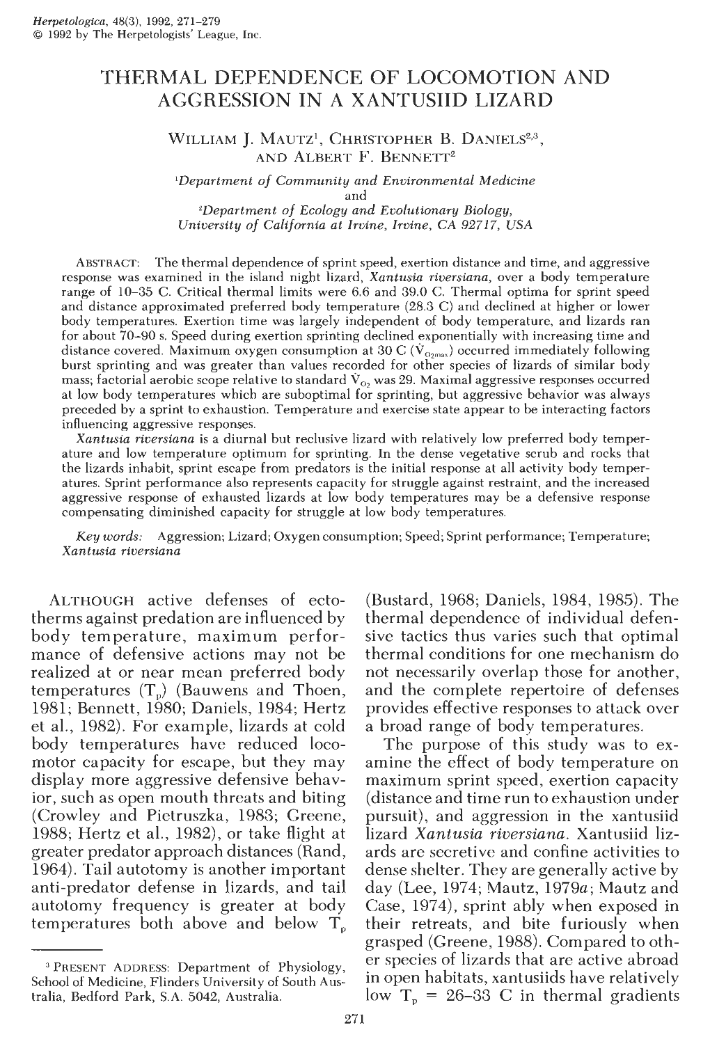 Thermal Dependence of Locomotion and Aggression in a Xantusiid Lizard