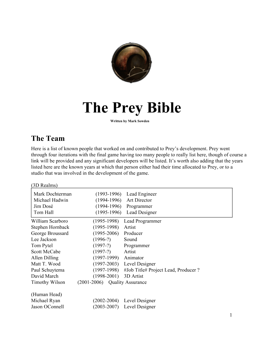 The Prey Bible Written by Mark Sowden