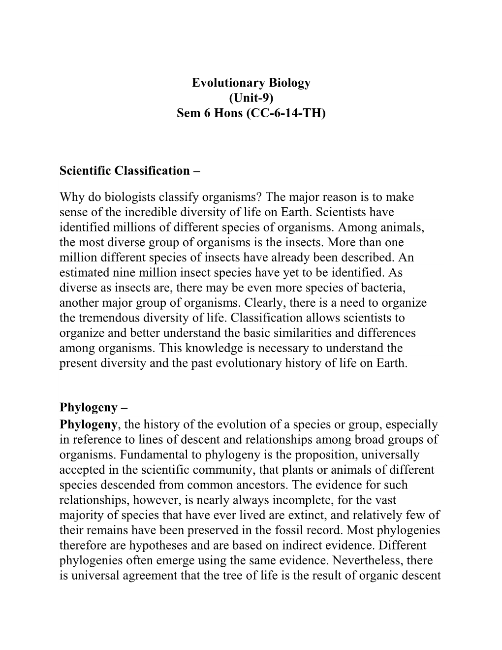 Evolutionary Biology (Unit-9) Sem 6 Hons (CC-6-14-TH)