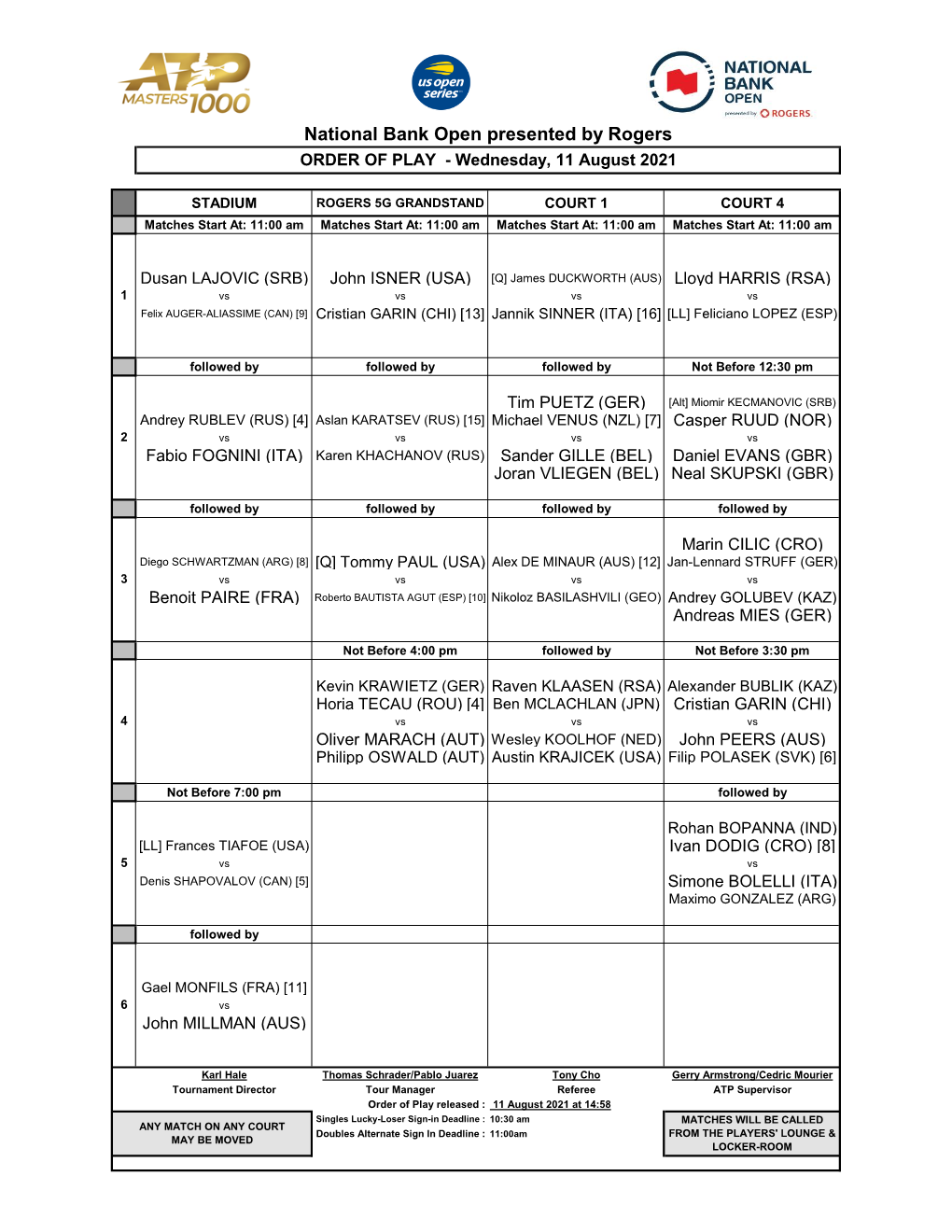 National Bank Open Presented by Rogers ORDER of PLAY - Wednesday, 11 August 2021