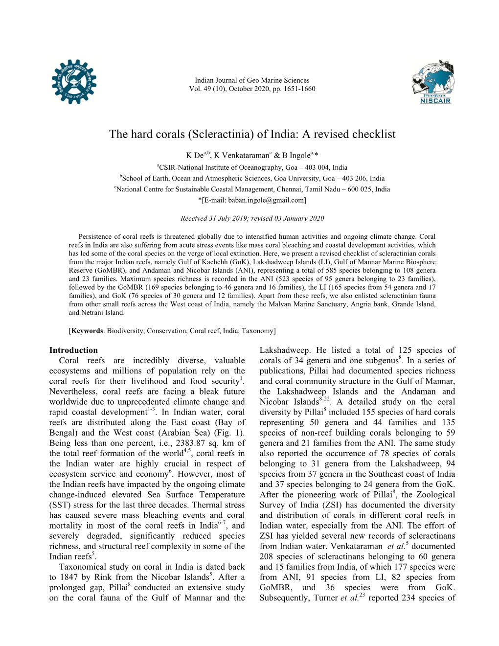 The Hard Corals (Scleractinia) of India: a Revised Checklist