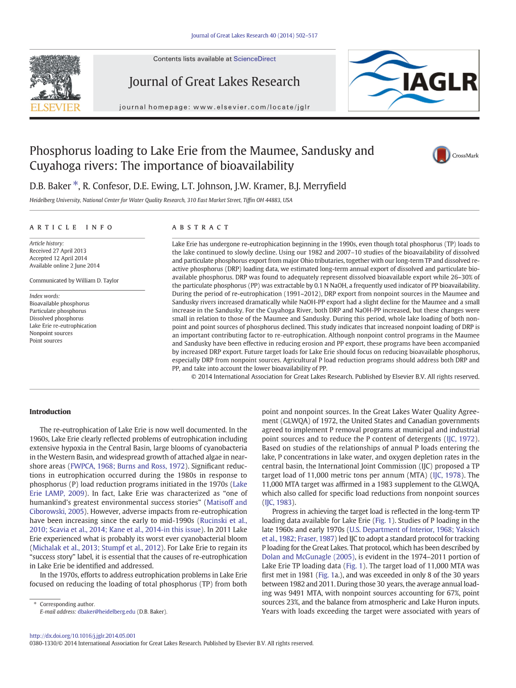 Phosphorus Loading to Lake Erie from the Maumee, Sandusky and Cuyahoga Rivers: the Importance of Bioavailability