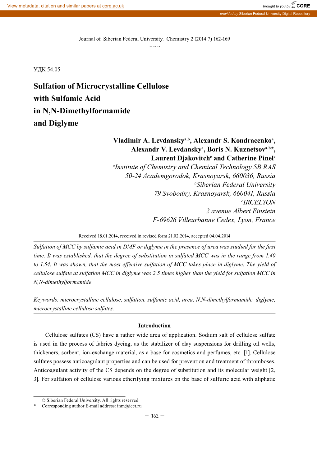 Sulfation of Microcrystalline Cellulose with Sulfamic Acid in N,N-Dimethylformamide and Diglyme