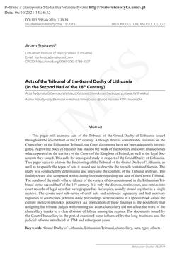 Adam Stankevič Acts of the Tribunal of the Grand Duchy of Lithuania (In