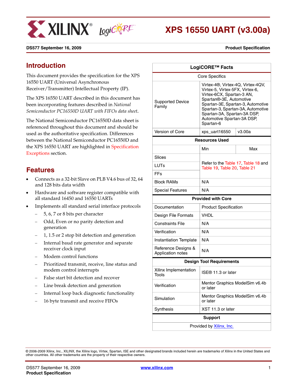 Xilinx DS577 XPS 16550 UART (V3.00A), Data Sheet