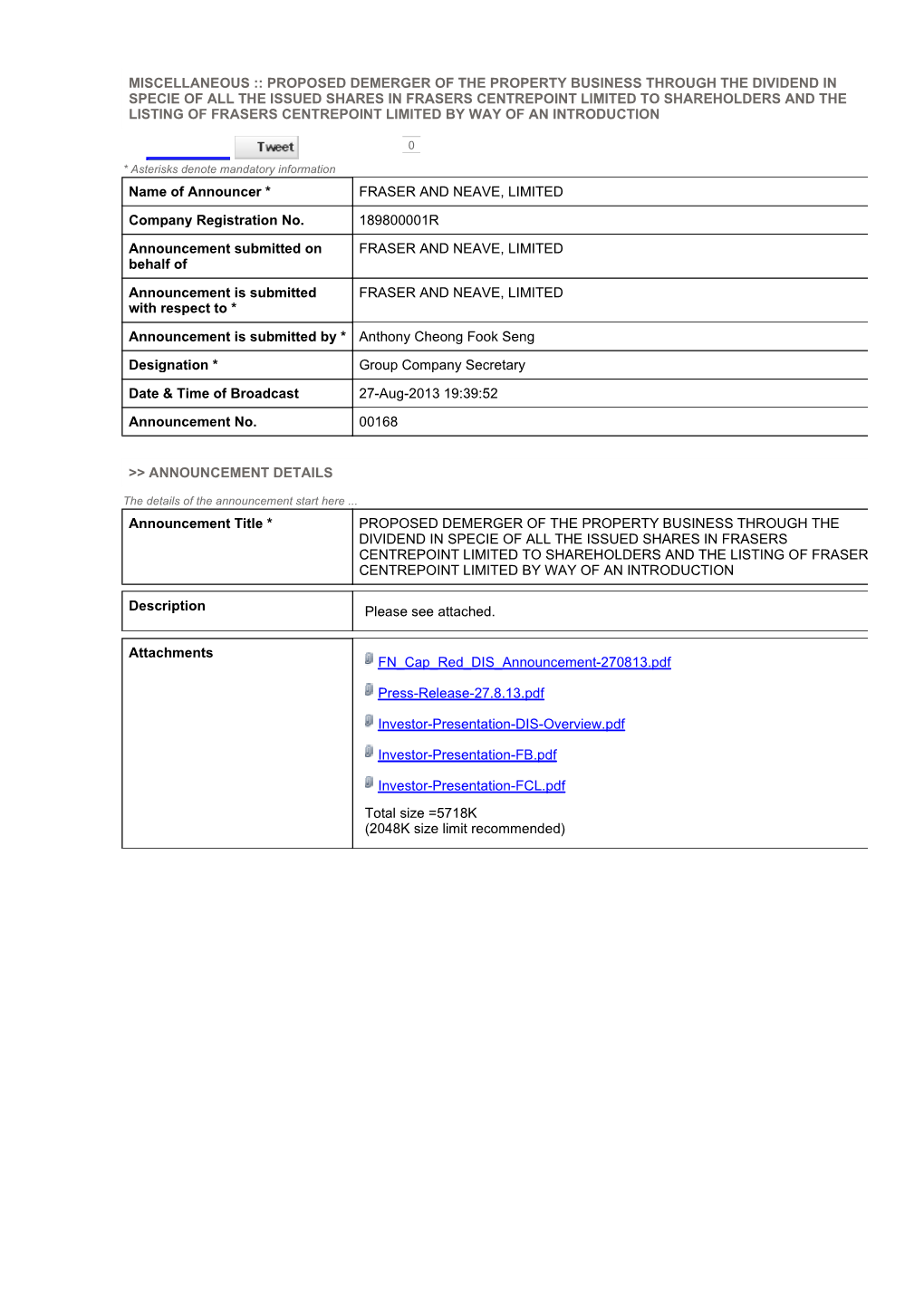 Proposed Demerger of the Property Business Through the Dividend In