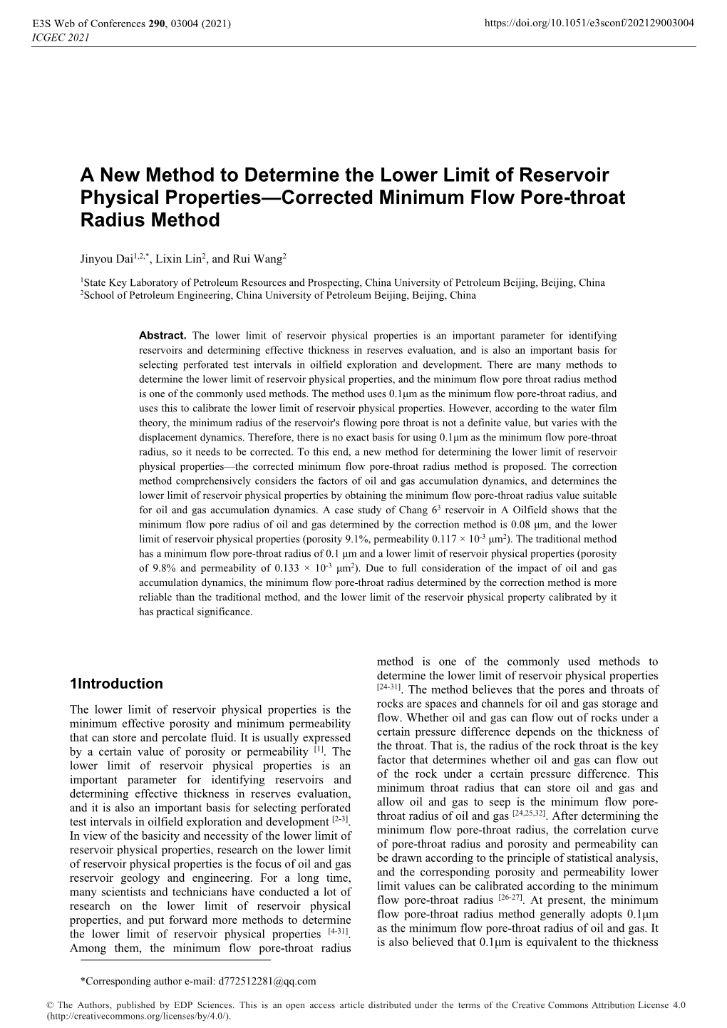 A New Method to Determine the Lower Limit of Reservoir Physical Properties—Corrected Minimum Flow Pore-Throat Radius Method