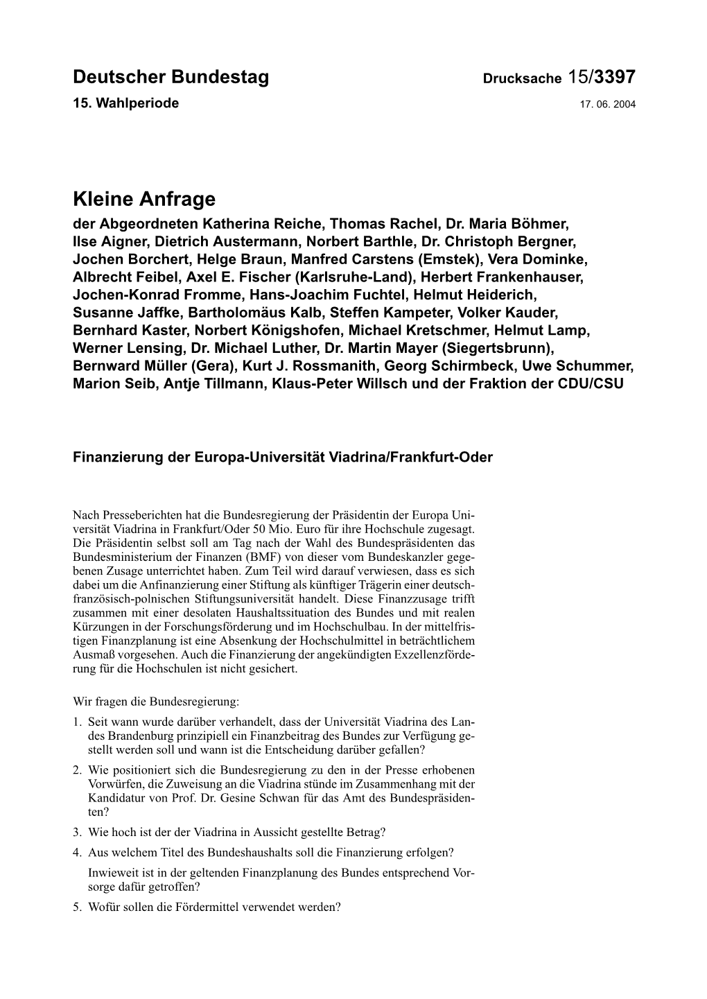 Kleine Anfrage Der Abgeordneten Katherina Reiche, Thomas Rachel, Dr