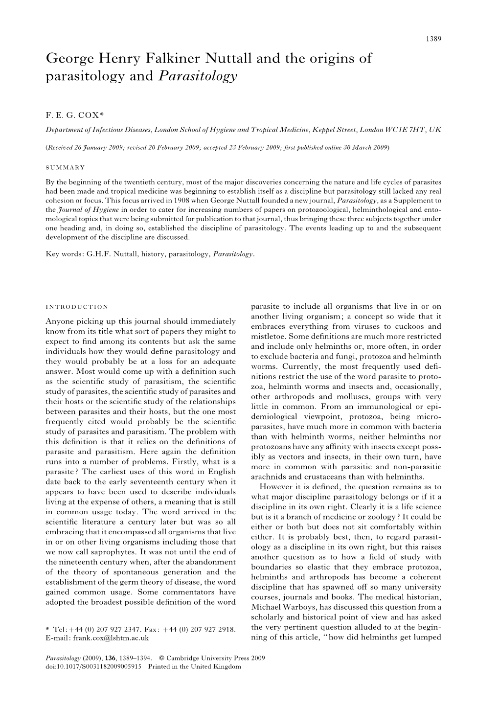 George Henry Falkiner Nuttall and the Origins of Parasitology and Parasitology