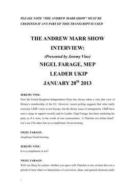 The Andrew Marr Show Interview: Nigel Farage, Mep