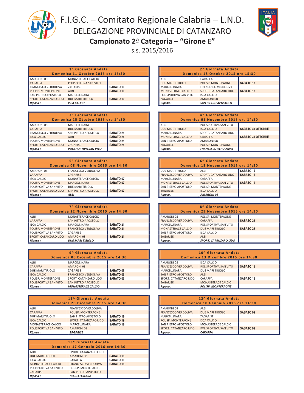 F.I.G.C. – Comitato Regionale Calabria – L.N.D. DELEGAZIONE PROVINCIALE DI CATANZARO Campionato 2ª Categoria – “Girone E” S.S