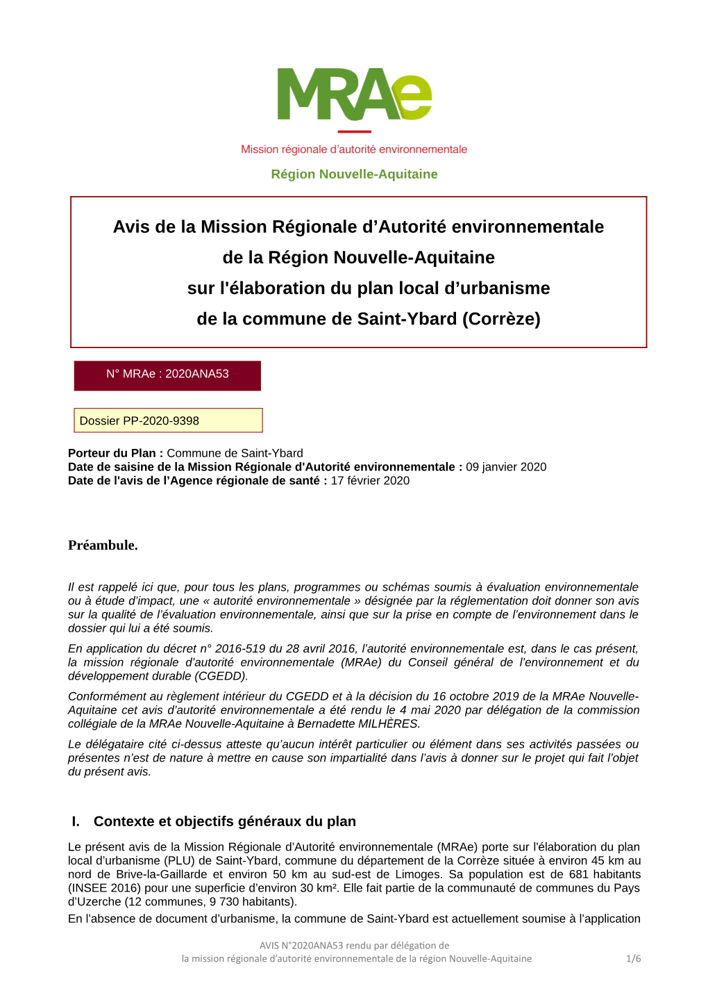 Avis De La Mission Régionale D'autorité Environnementale De La Région Nouvelle-Aquitaine Sur L'élaboration Du Plan Local D'urbanisme De La Commune De Saint-Ybard