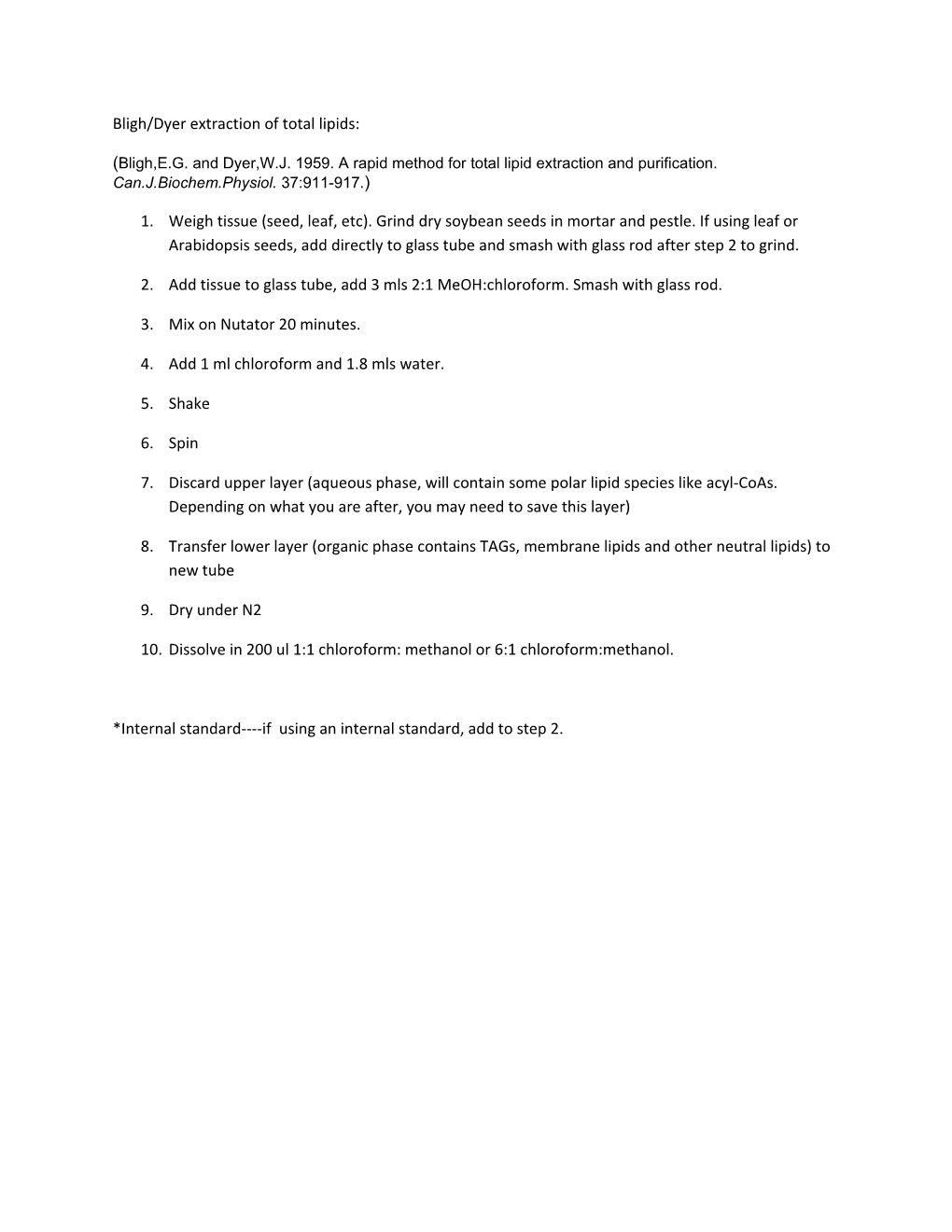 Bligh/Dyer Extraction of Total Lipids