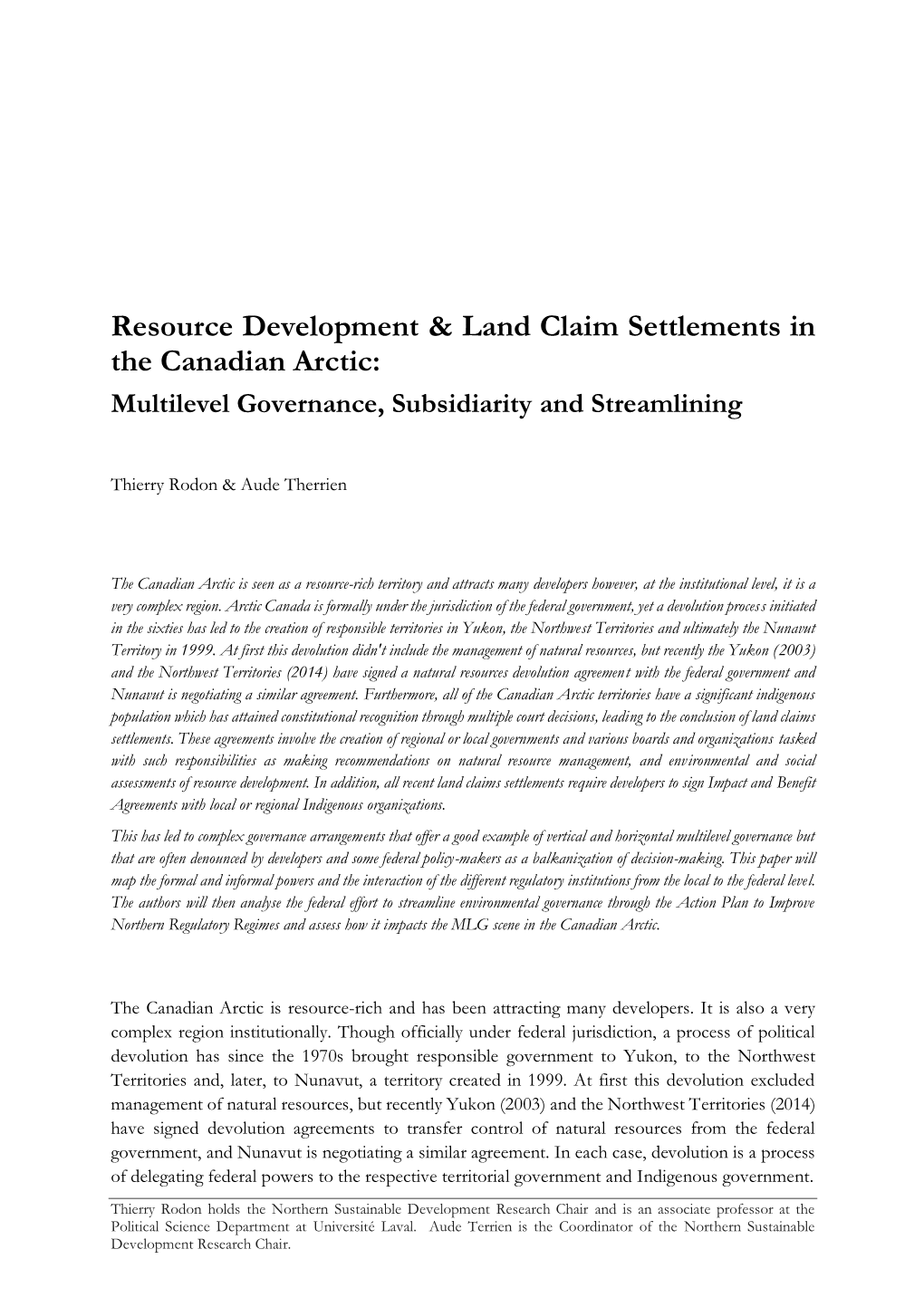 Resource Development & Land Claim Settlements in the Canadian Arctic