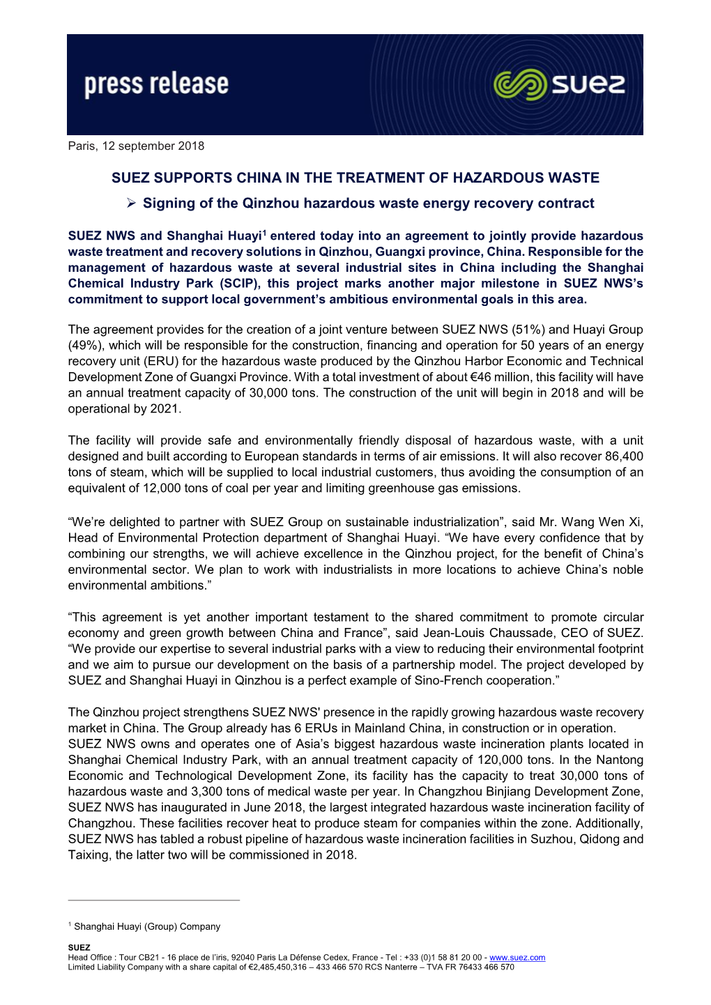 SUEZ SUPPORTS CHINA in the TREATMENT of HAZARDOUS WASTE  Signing of the Qinzhou Hazardous Waste Energy Recovery Contract