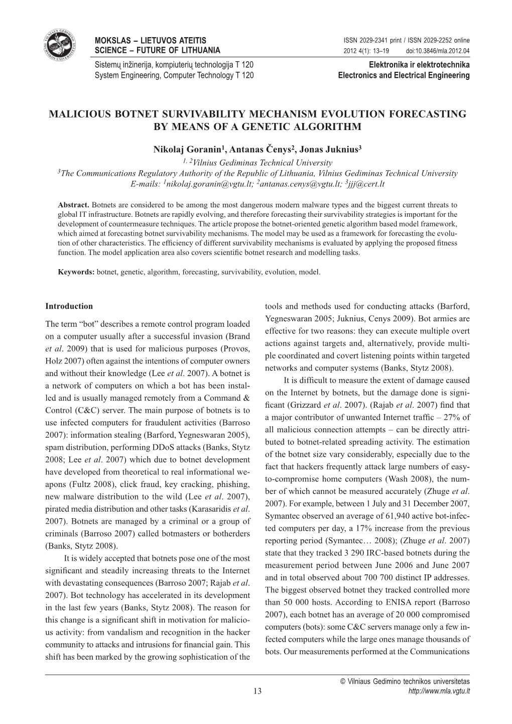 Malicious Botnet Survivability Mechanism Evolution Forecasting by Means of a Genetic Algorithm