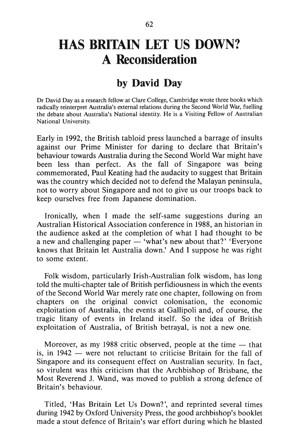 HAS BRTIAIN LET US DOWN? a Reconsideration by David Day