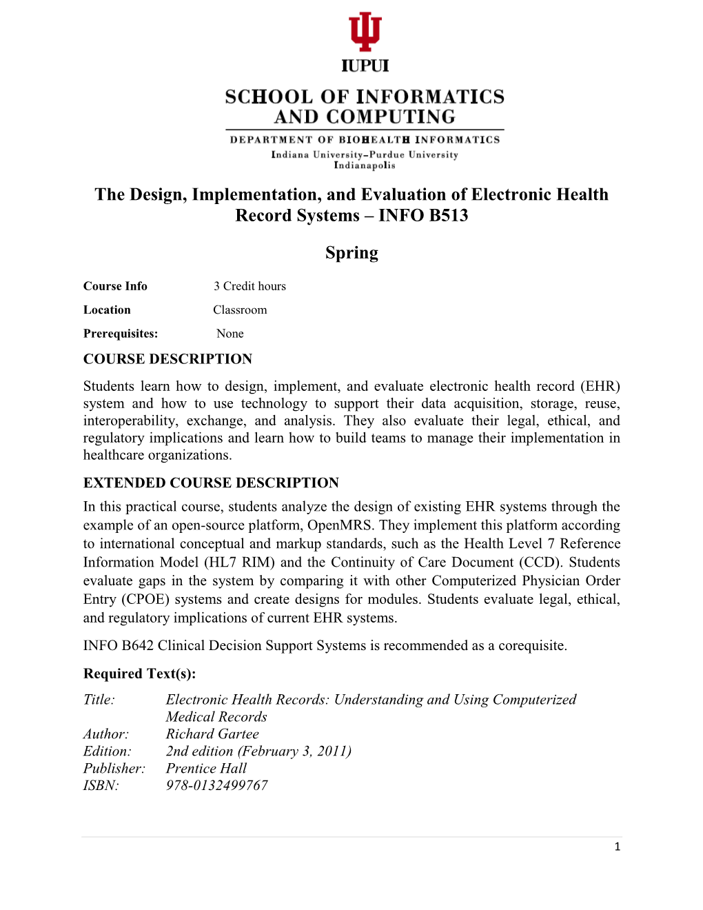 The Design, Implementation, and Evaluation of Electronic Health Record Systems – INFO B513