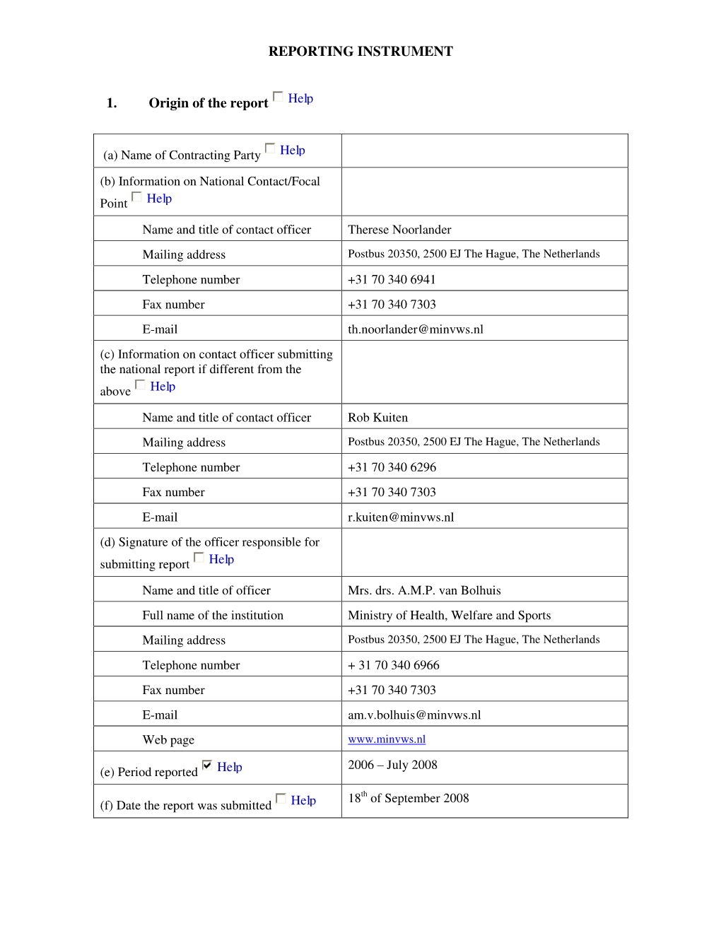 REPORTING INSTRUMENT 1. Origin of the Report