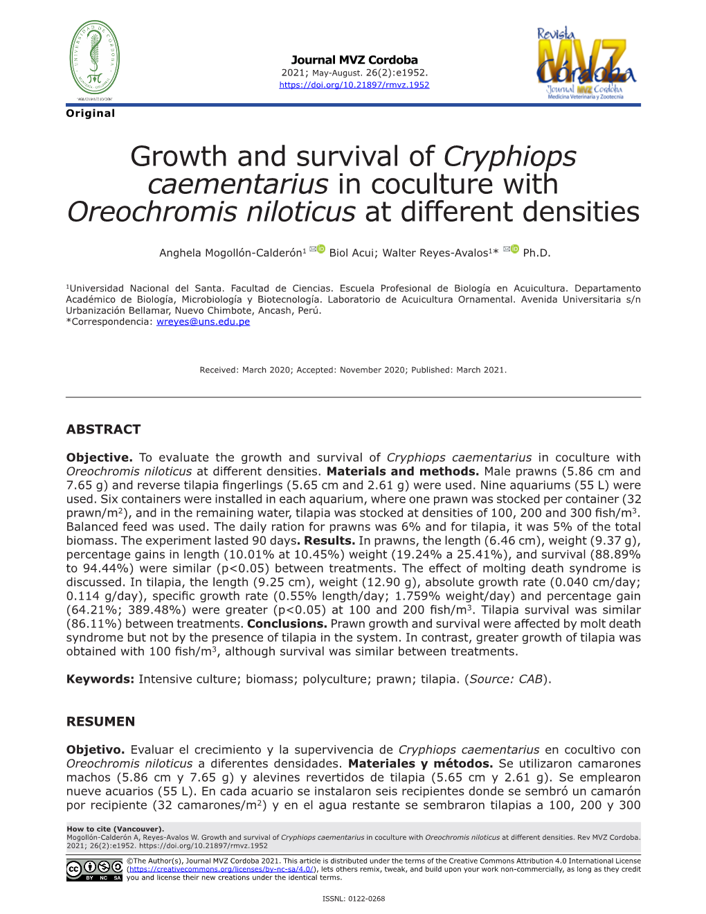 Growth and Survival of Cryphiops Caementarius in Coculture with Oreochromis Niloticus at Different Densities