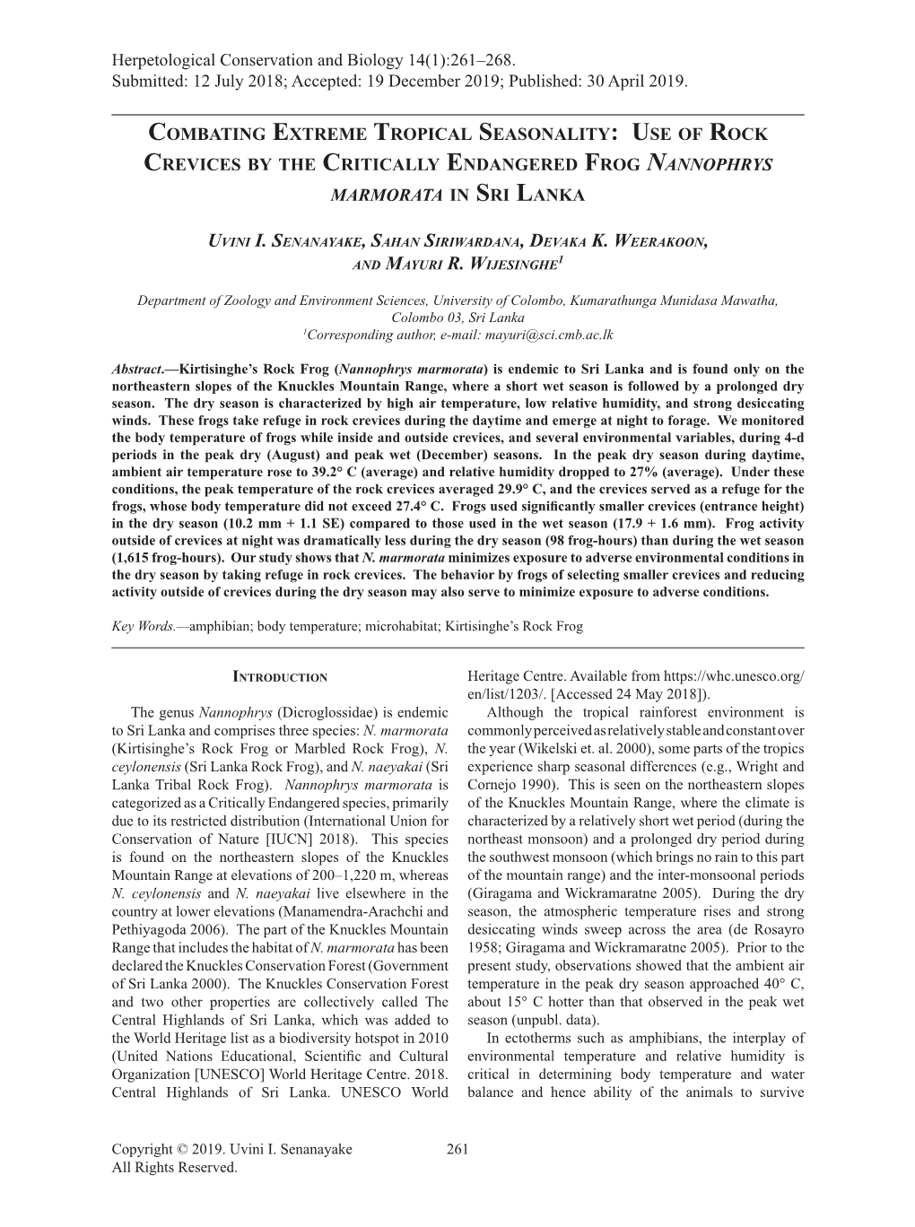 Combating Extreme Tropical Seasonality: Use of Rock Crevices by the Critically Endangered Frog Nannophrys Marmorata in Sri Lanka