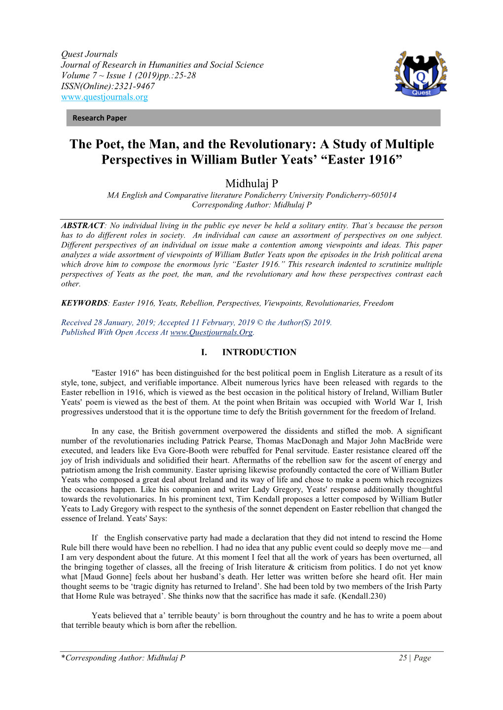 The Poet, the Man, and the Revolutionary: a Study of Multiple Perspectives in William Butler Yeats' “Easter 1916”