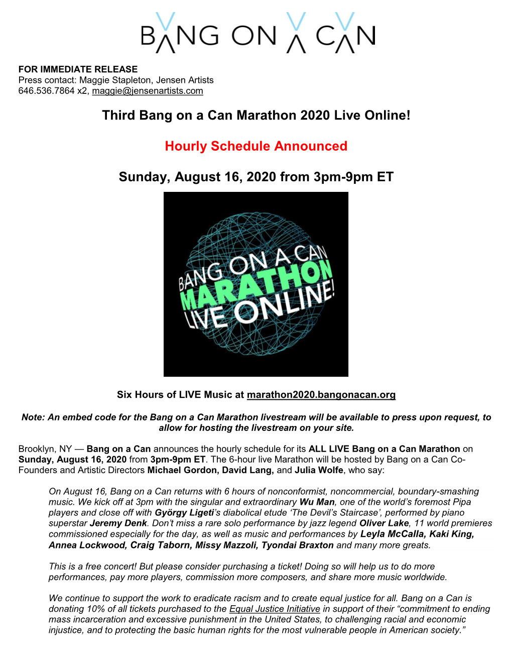 Bang on a Can Marathon Live Online – August 2020