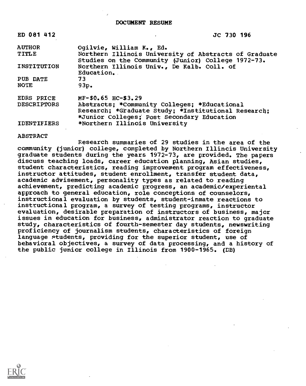 Northern Illinois University of Abstracts of Graduate Studies on the Community (Junior) College 1972-73