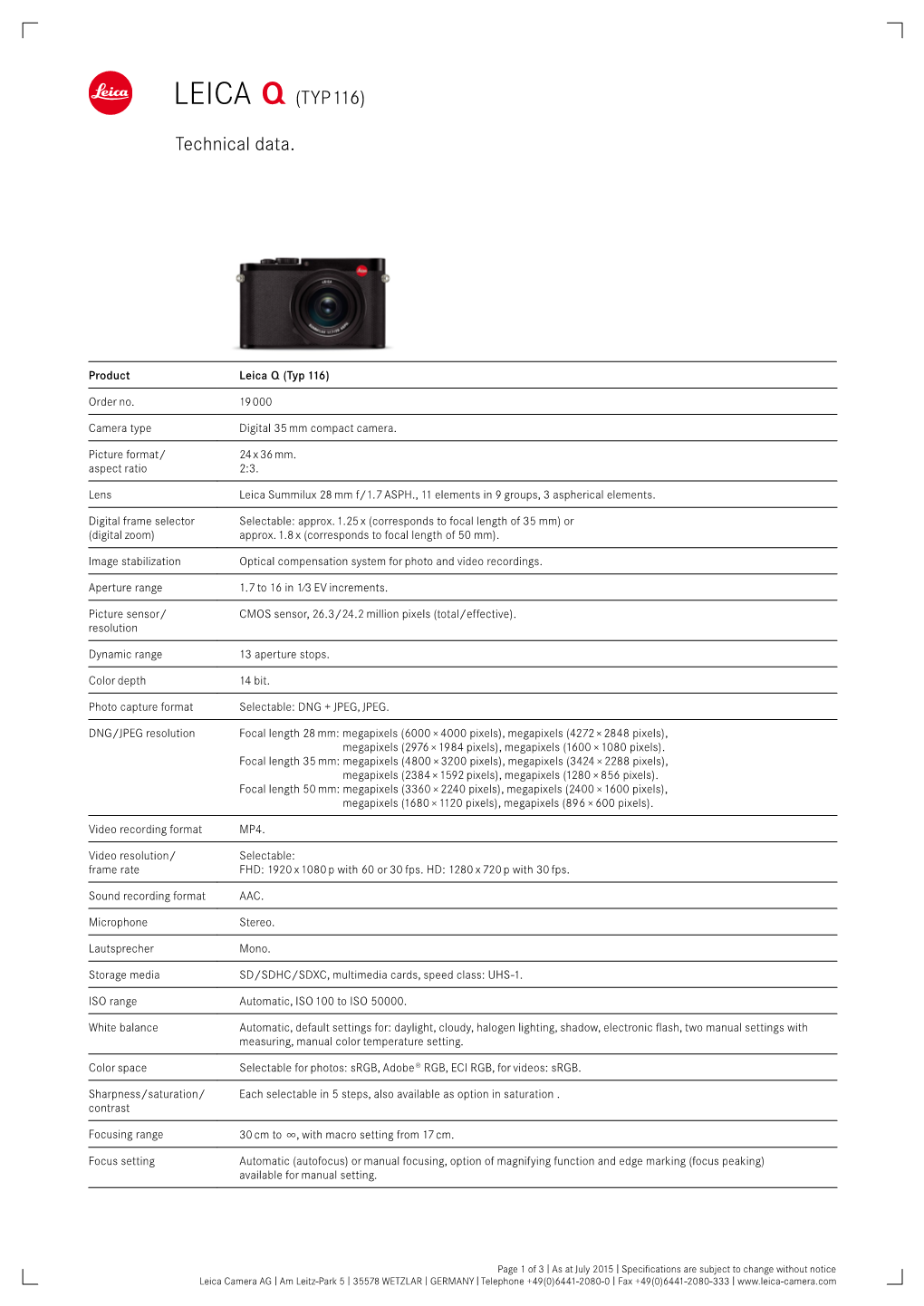 LEICA Q (TYP 116) Technical Data