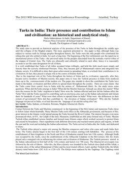 Turks in India: Their Presence and Contribution to Islam and Civilisation: an Historical and Analytical Study