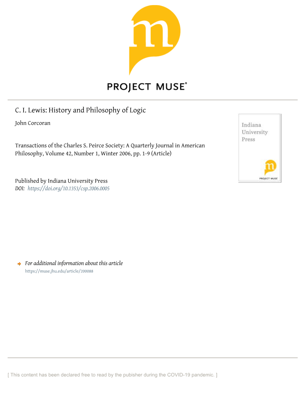 C. I. Lewis: History and Philosophy of Logic John Corcoran