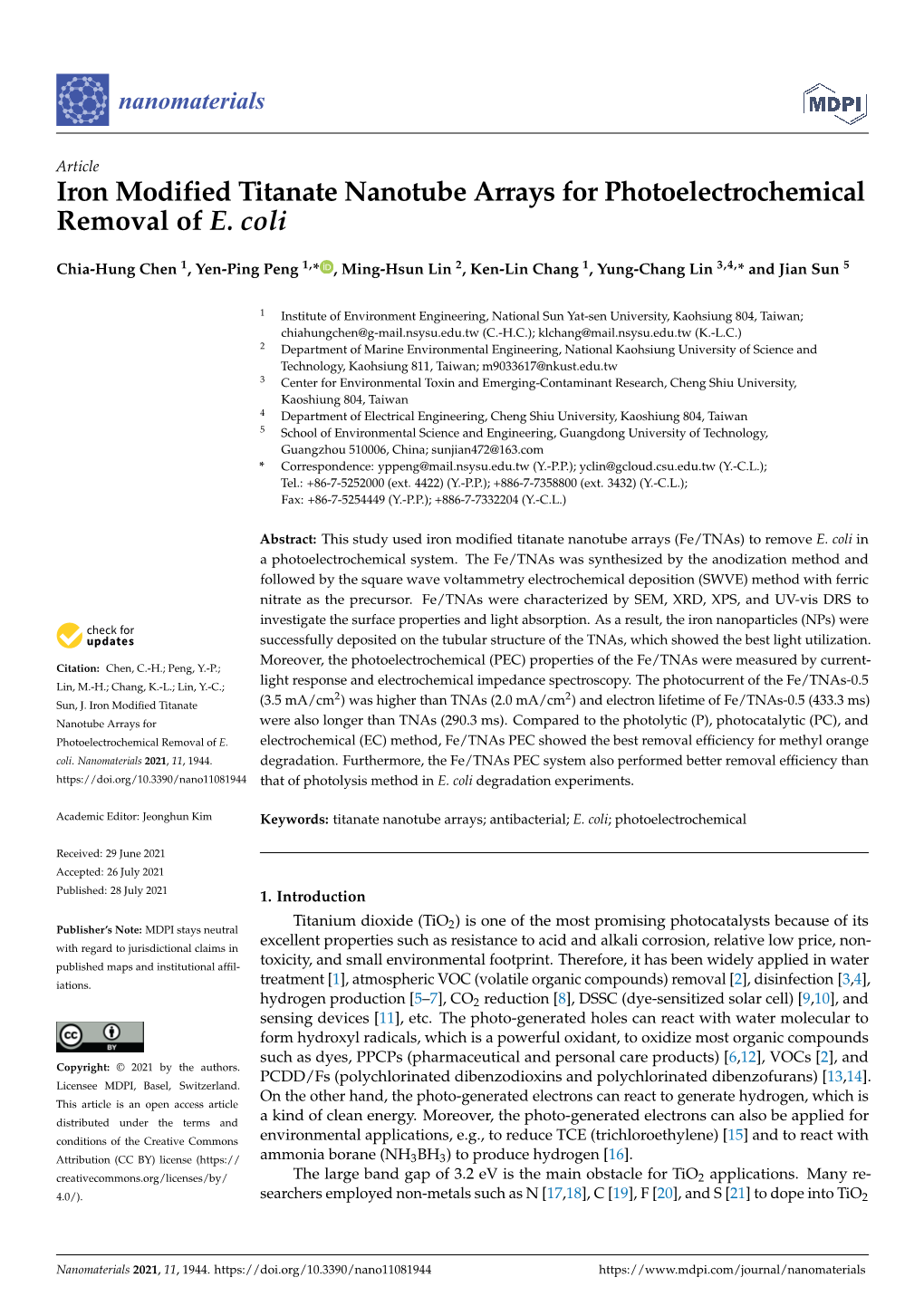 Iron Modified Titanate Nanotube Arrays for Photoelectrochemical Removal of E. Coli