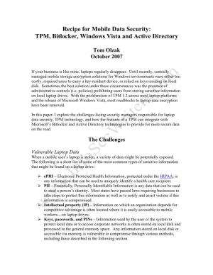 Recipe for Mobile Data Security: TPM, Bitlocker, Windows Vista and Active Directory